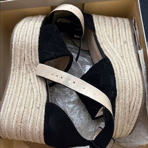 Marc Fisher Black and Cream Wedge Sandals
